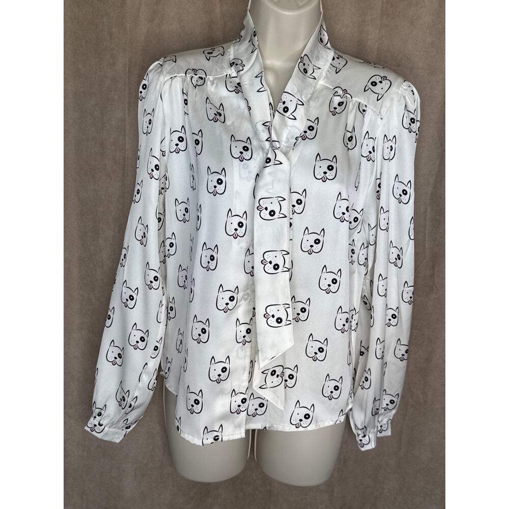 Unique Vintage Tulip B White Dog Tie Neck Long Sleeve Blouse S NWT - Picture 1 of 6